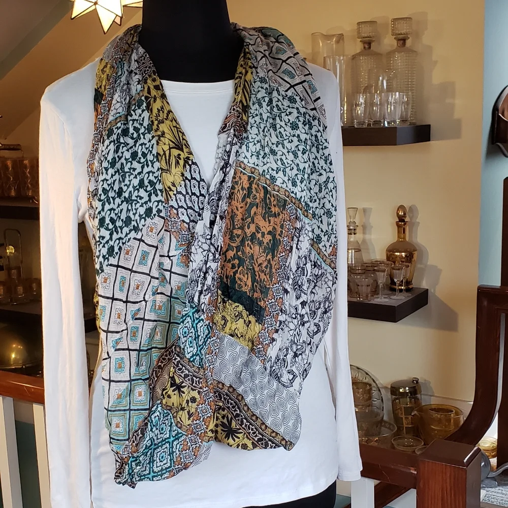 Blue And Ocher Patterend Lightweight Infinity Scarf
